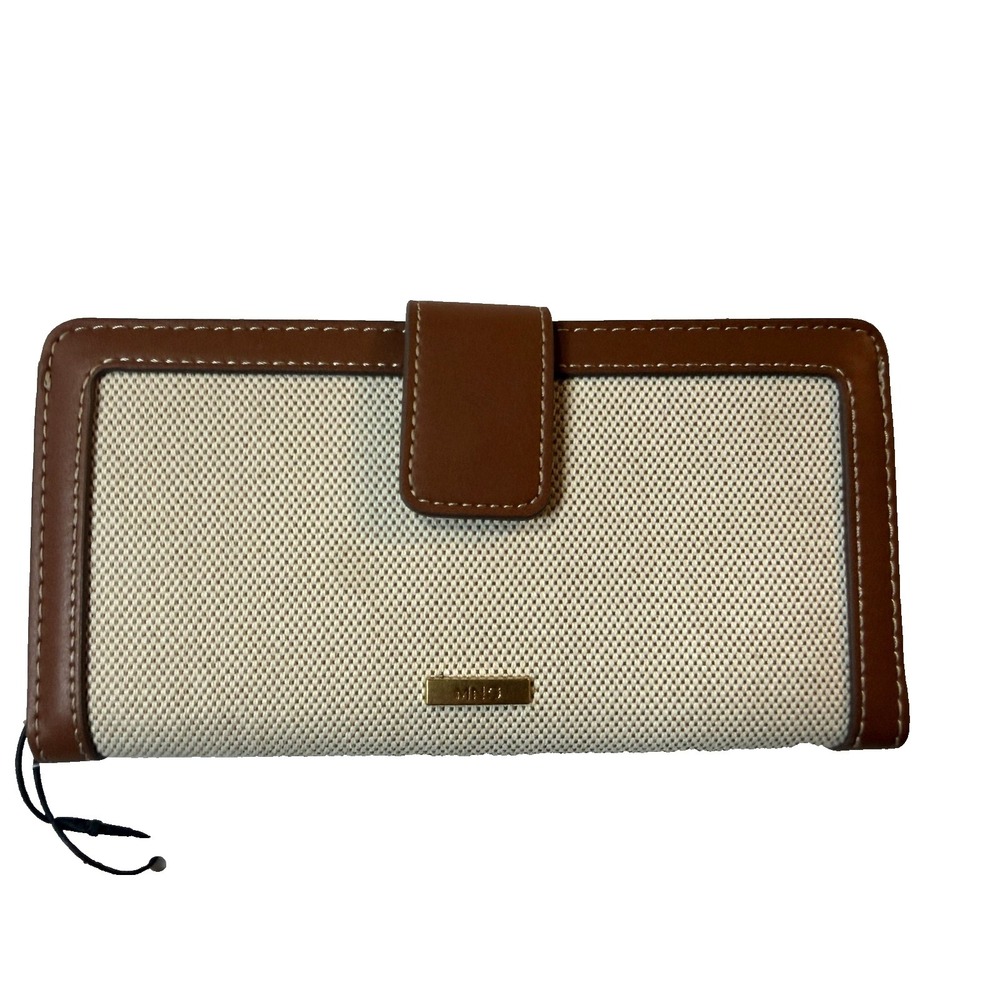 Mango MNG Wallet Womens Beige Canvas Brown Trim Clutch Long Wallet Cards NWT